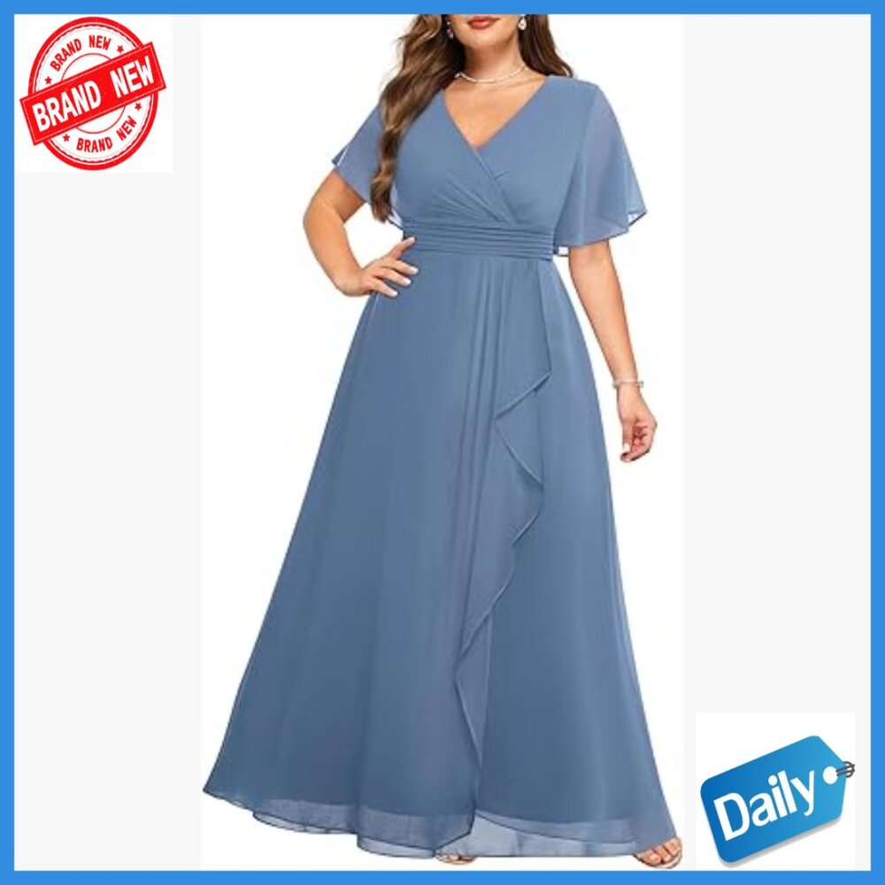 Plus Size Formal Chiffon Dress V-Neck Short Sleeves Floor Length Wedding Guest